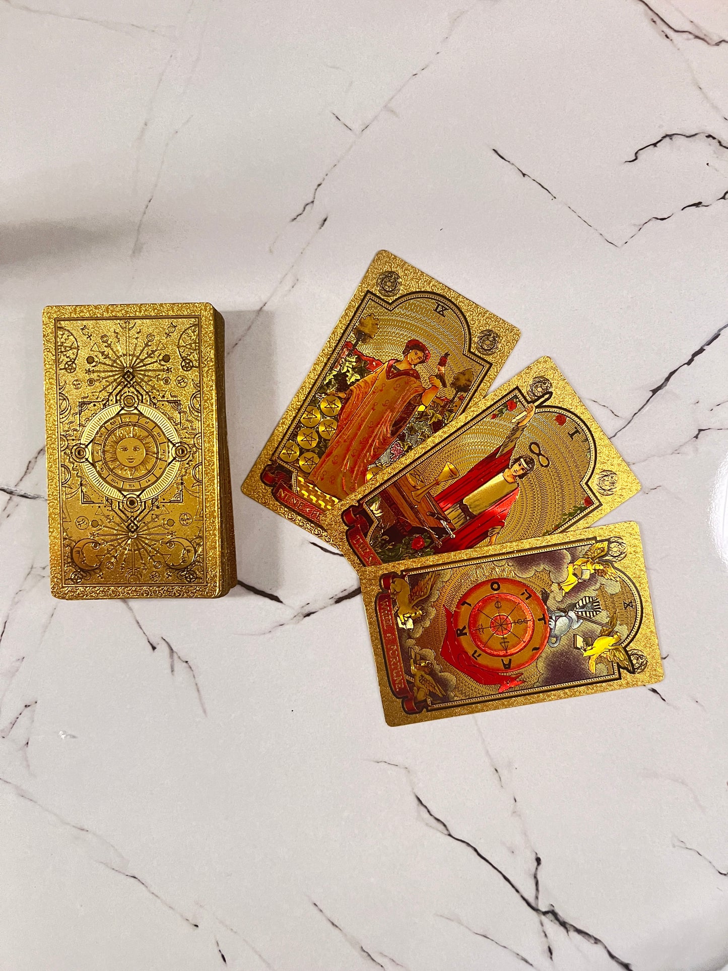 Gold Foil Rider Waite Tarot Deck with Booklet and Classic Original Designs from 1909 ~ Shiny Beautiful Cards for Beginners and Study