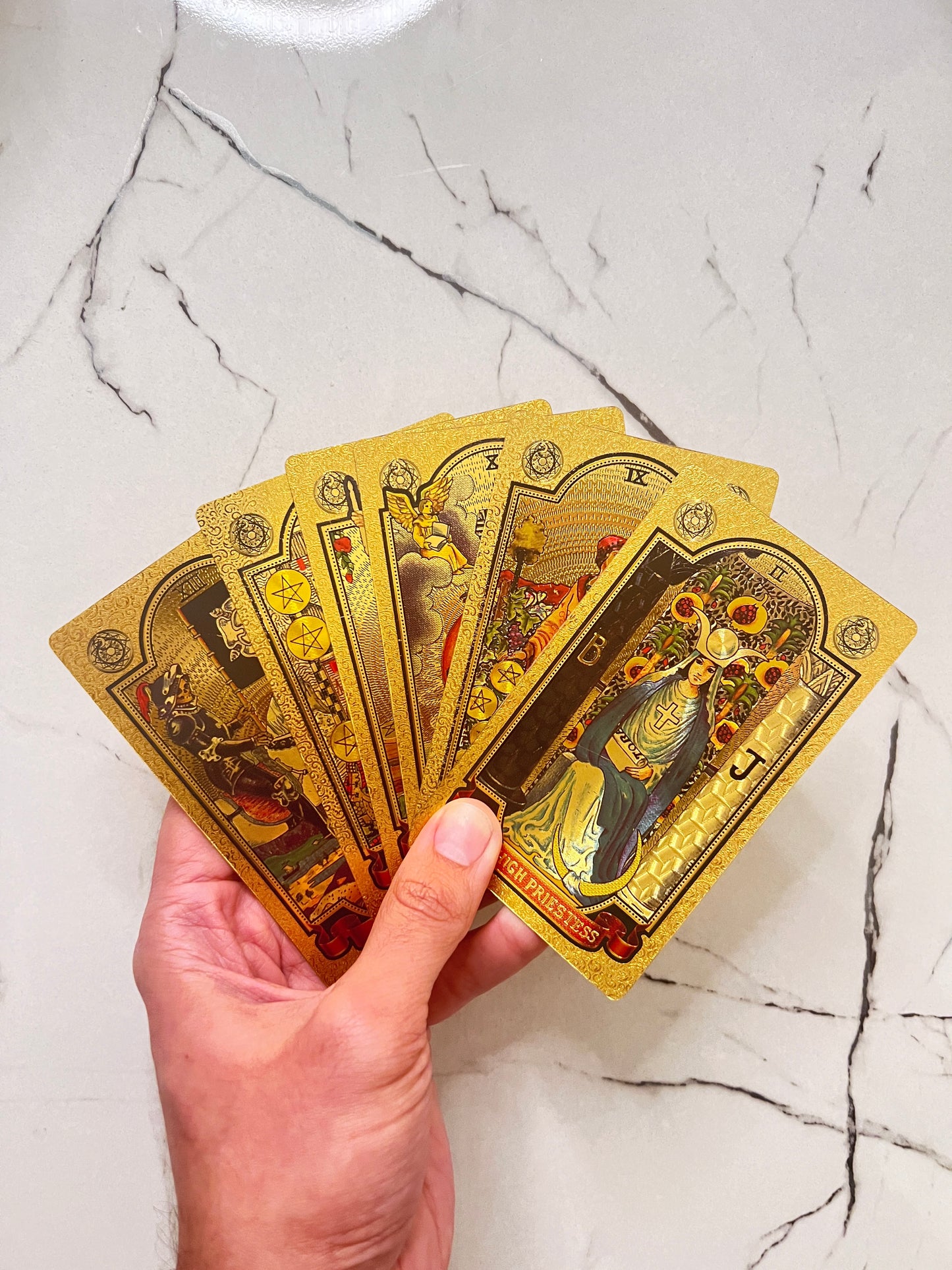 Gold Foil Rider Waite Tarot Deck with Booklet and Classic Original Designs from 1909 ~ Shiny Beautiful Cards for Beginners and Study