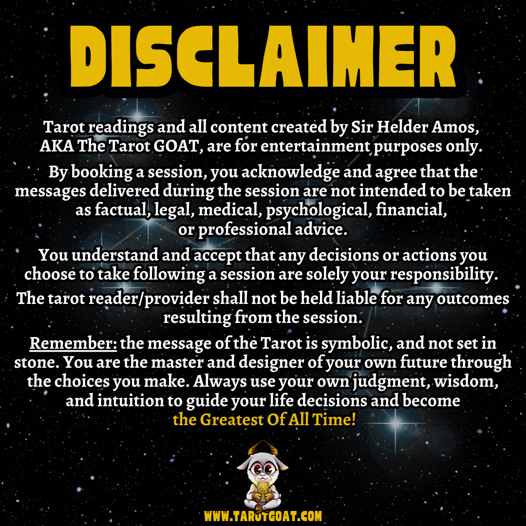 Legal disclaimer for Sir Helder Amos (The Tarot GOAT) stating that readings are for entertainment purposes only. Text clarifies that sessions are symbolic and not factual, legal, medical, or financial advice.