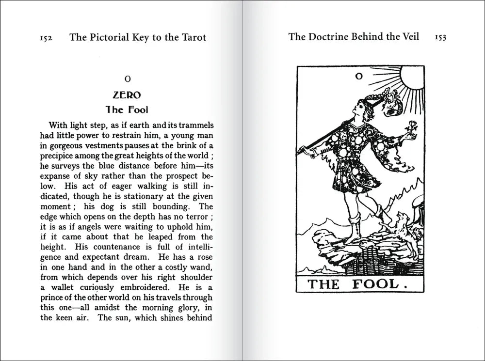 Example of The Fool Major Arcana the Book The Pictorial Key to the Tarot with Keywords and explanations of the cards to learn how to read tarot