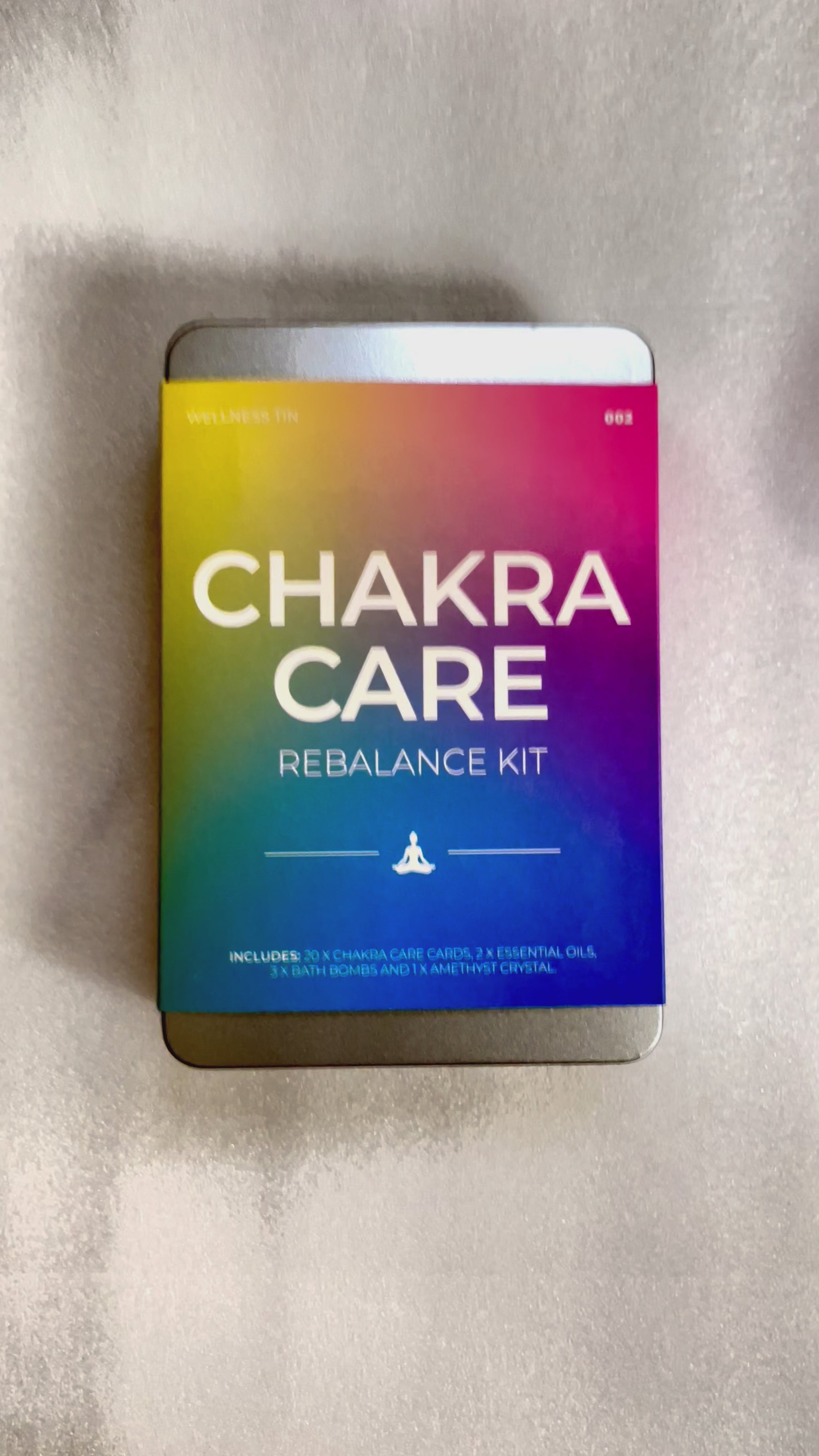 ASMR Unboxing Chakra Care Rebalance Kit for healing energy and chakras with 3 bath bombs, 2 essential oils and 1 crystal amethyst