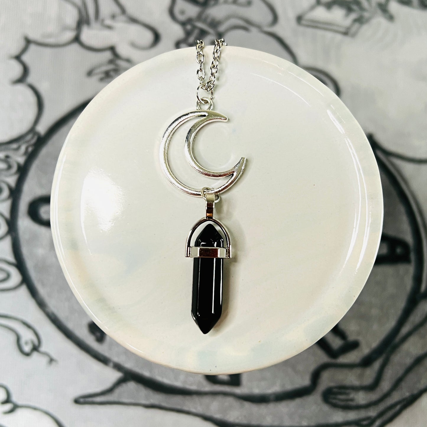 Moon Obisidian Quartz Crystal Necklace