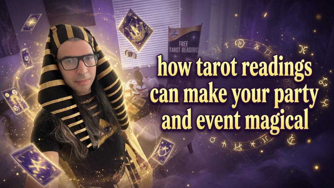 Tarot Reader with a Pharaoh Costume with on a Mystical Set with Tarot Cards flying around it with the text How Tarot Readings can Make your Party and event Magical