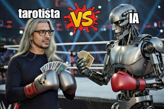 Tarotista Contra un robot que representa la Inteligencia artificial en un ring de pelea con guantes de boxeo