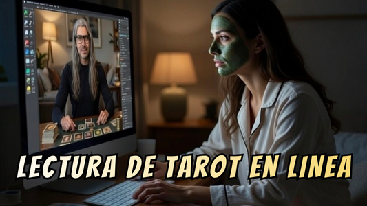 Mujer en pijamas y una mascarilla facial verde haciendose una lectura de cartas de tarot en linea con Sir Helder Amos 