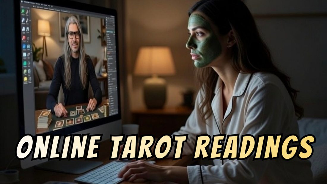 Girl in her pajamas with a green face mask doing an online tarot reading from the comfort of her home with a profesional Tarot Reader