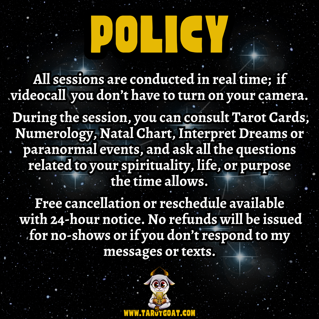 The Tarot Goat session policy outlining real-time video call rules, 24-hour free cancellation notice, and no-show fees. Lists available services including Tarot Cards, Numerology, Natal Charts, and Dream Interpretation.