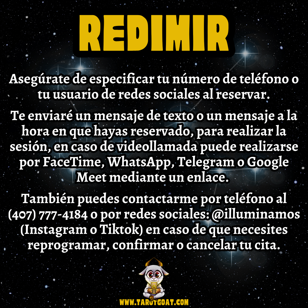 Instrucciones para redimir cita de tarot y coaching espiritual por Sir Helder Amos, GOAT del Tarot, contacto vía teléfono 407-777-4184, WhatsApp, Telegram, Instagram @illluminamos
, reprogramación fácil en www.tarotgoat.com