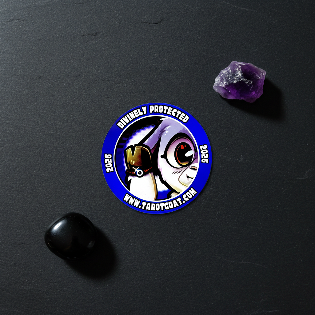 Circular Magnet with 'Divinely Protected' text and website URL 'www.tarotgoat.com' on a dark surface with crystals.