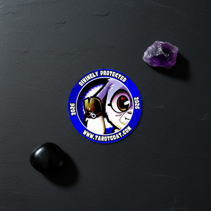 Circular Magnet with 'Divinely Protected' text and website URL 'www.tarotgoat.com' on a dark surface with crystals.
