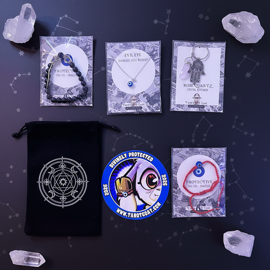 Evil Eye Bracelet Necklace and Keychain Display with Quartzs Crystals