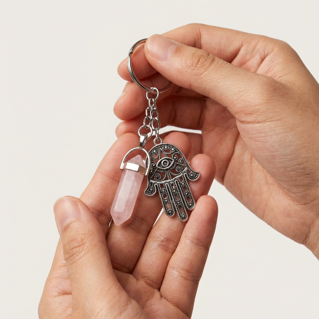 Hand holding a keychain with a hamsa hand and crystal pendant against a light background