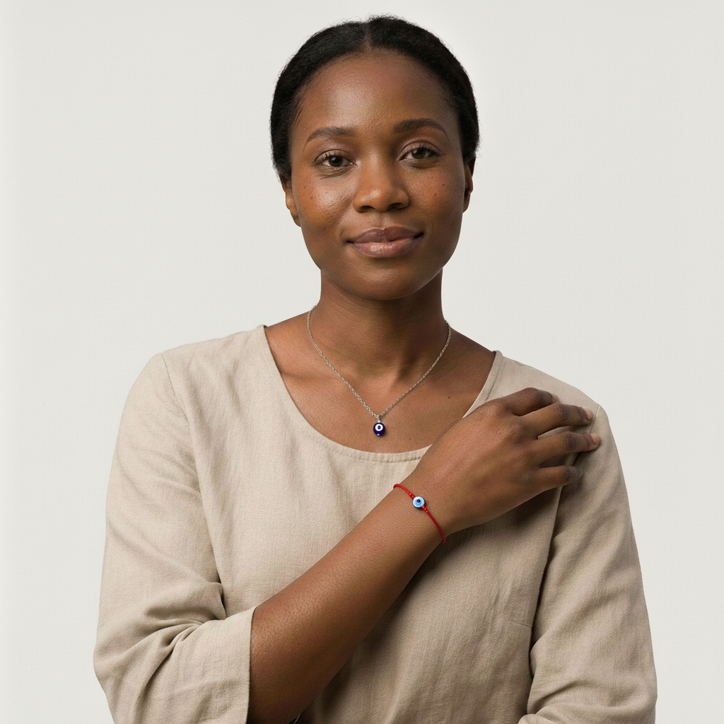 Black Women wearing a stainless steel nazar necklace and an red evil eye bracelet