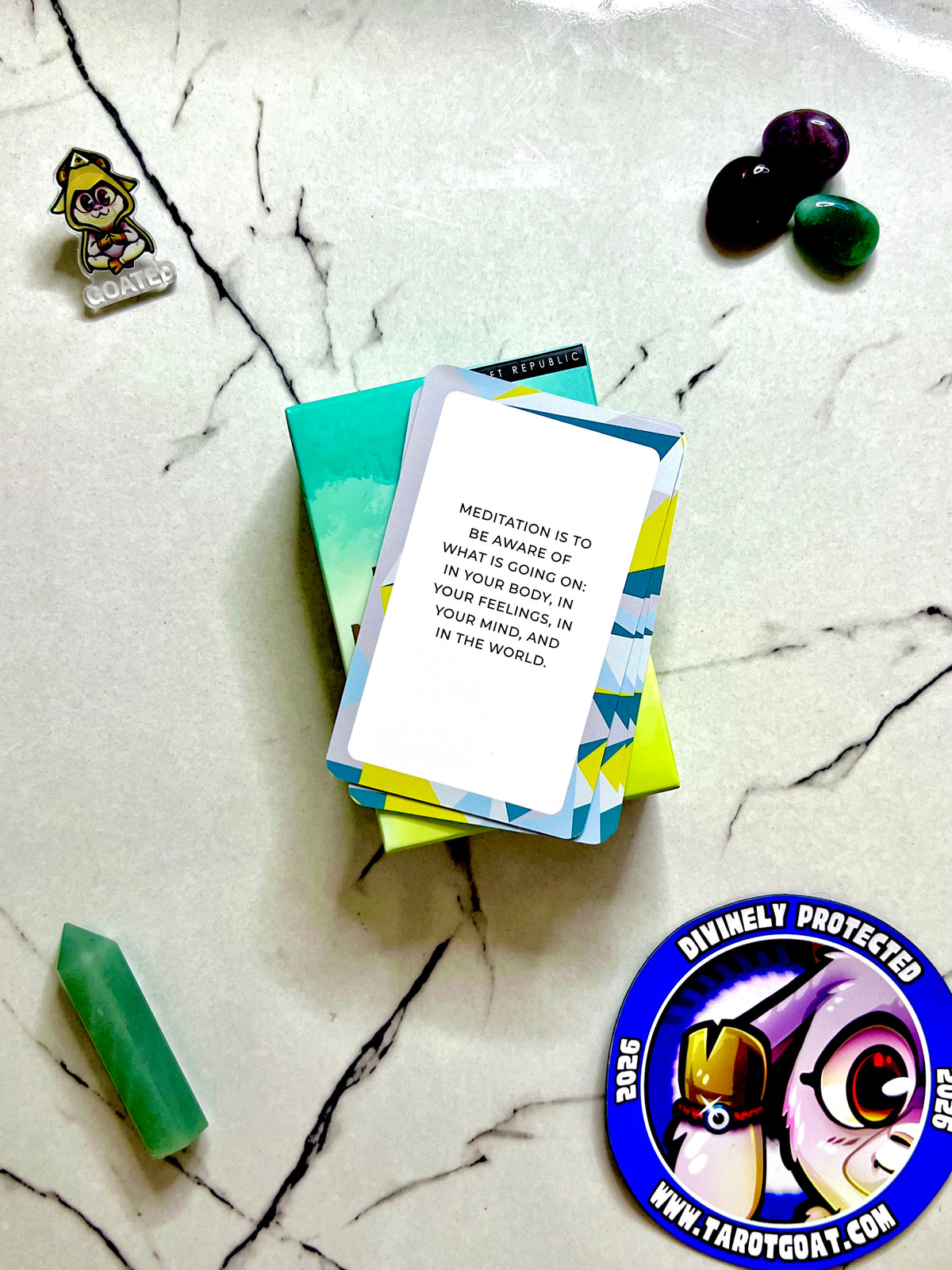 A card on a marble table with the text: Meditation is to be aware of what is going on in your body, in your feelings in your mind and in your world. For stoicism inspired in marco aurelio meditations