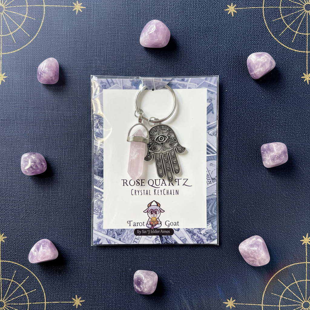 Rose Quartz crystal keychain with packaging on a dark blue background with crystals.