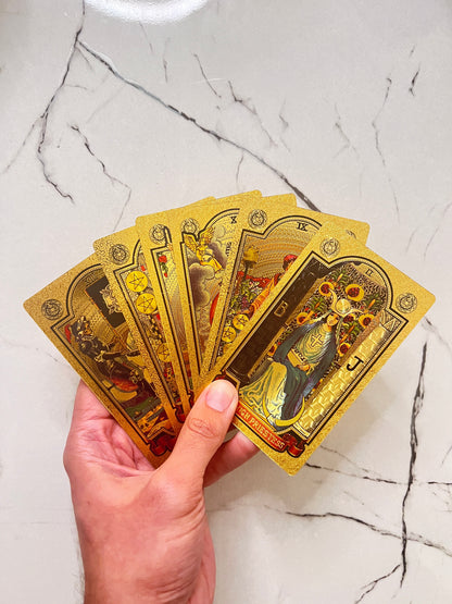 Gold Foil Rider Waite Tarot Deck with Booklet and Classic Original Designs from 1909 ~ Shiny Beautiful Cards for Beginners and Study