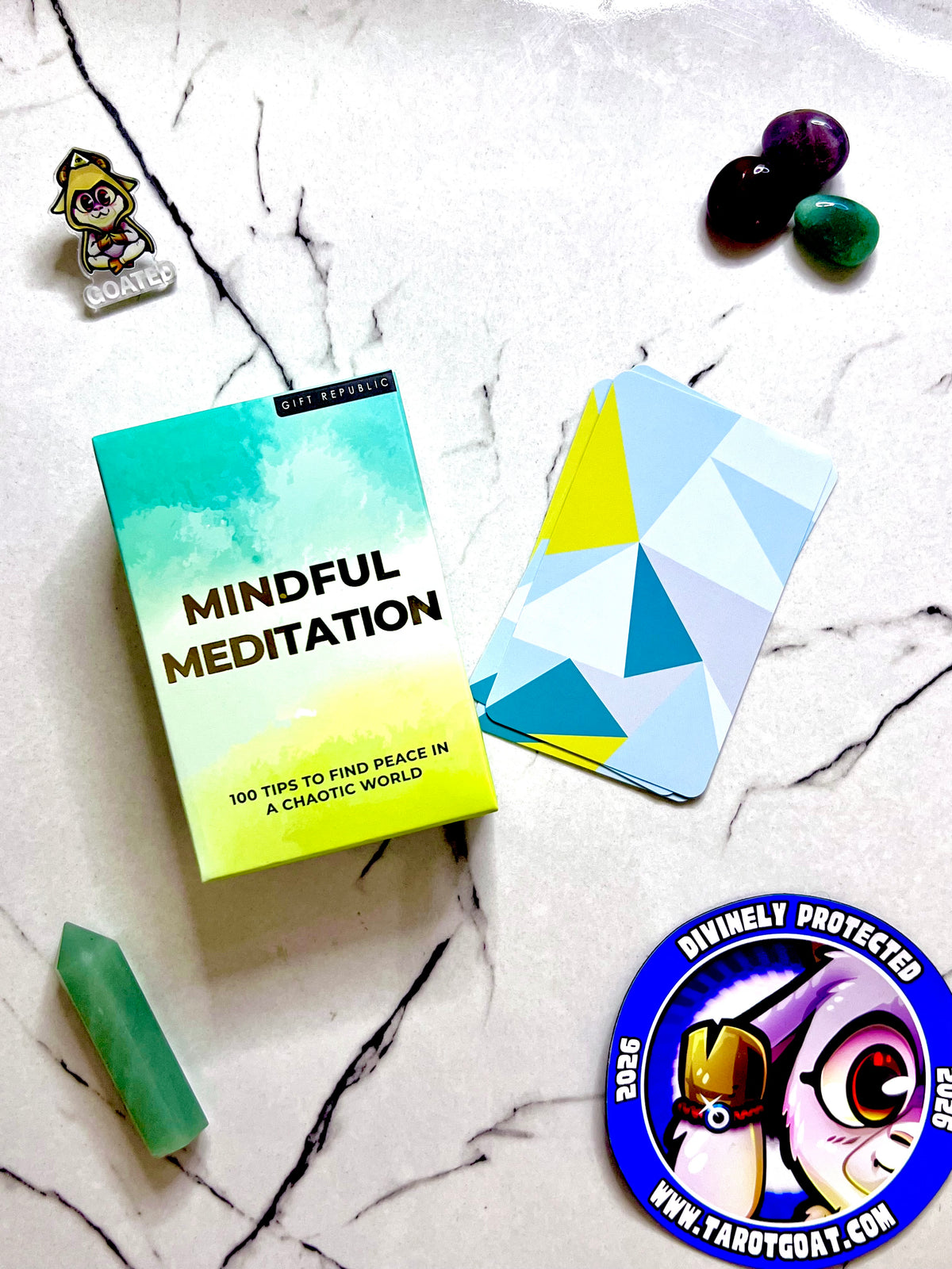 Mindful meditations card on a marble ritual table with tarot goat magnet for sale online tiktok shop