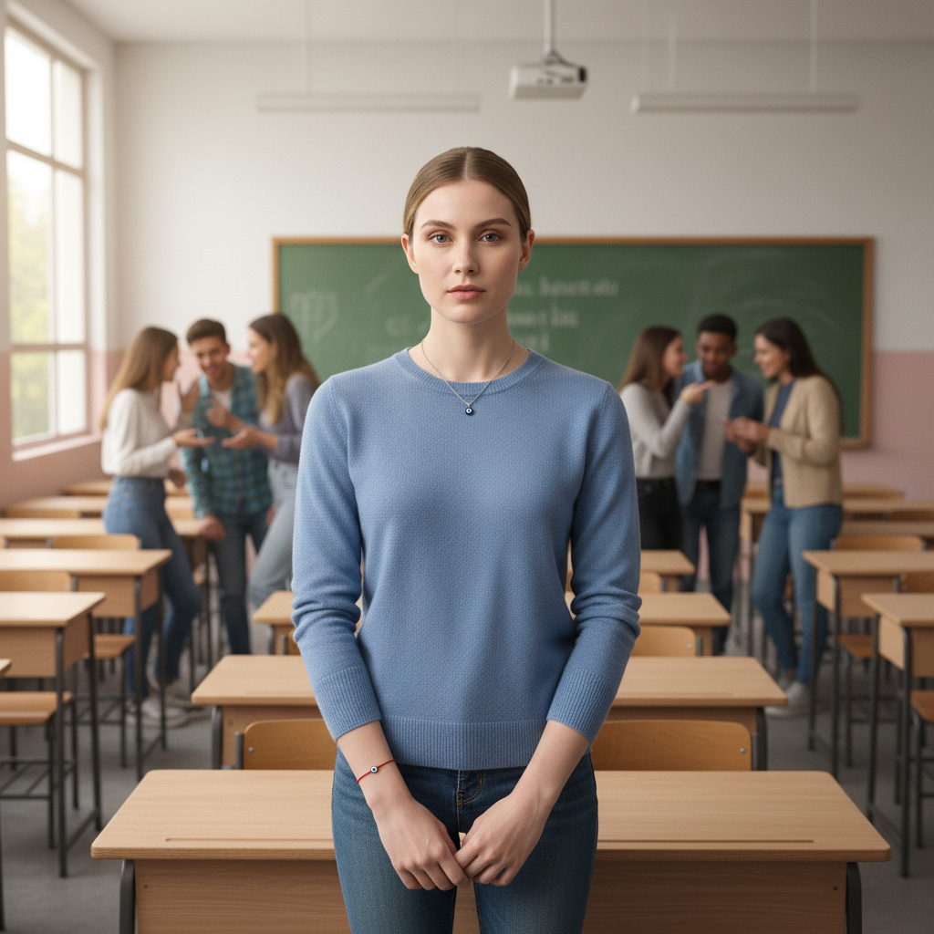 White Girl at school using evil eye jewelry a red string nazar bracelet and a turkish eye necklace