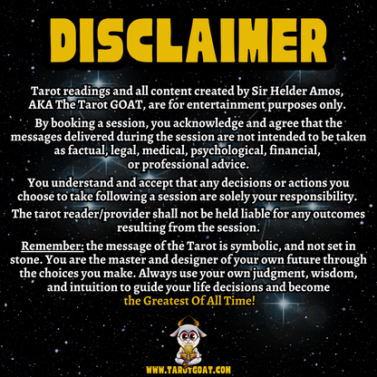 Legal disclaimer for Sir Helder Amos (The Tarot GOAT) stating that readings are for entertainment purposes only. Text clarifies that sessions are symbolic and not factual, legal, medical, or financial advice.