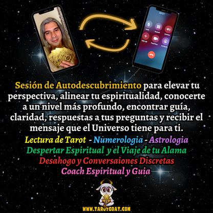 Sesión virtual de autodescubrimiento con lectura de tarot, numerología, astrología, despertar espiritual y coaching por Sir Helder Amos, GOAT del Tarot, alinea tu alma y encuentra guía universal en www.tarotgoat.com

