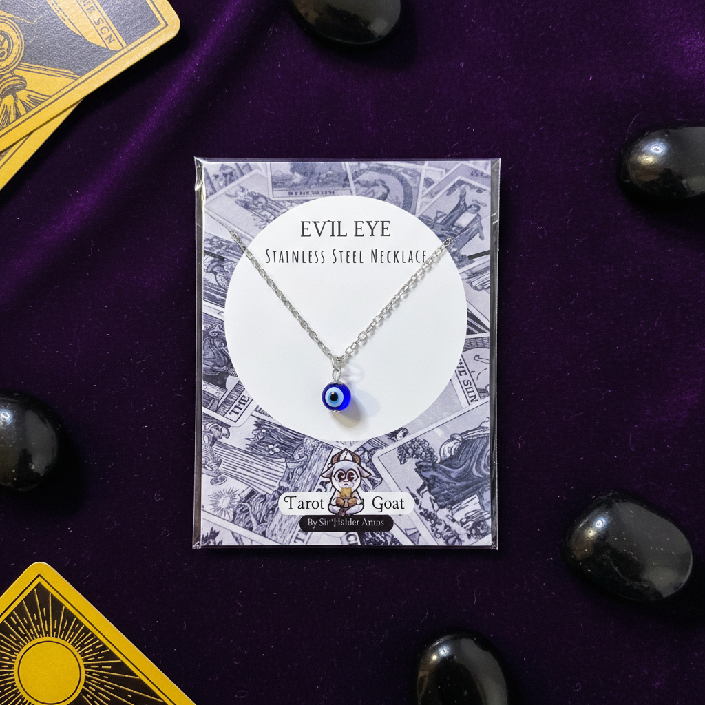 Evil eye necklace on a Tarot Goat card with tarot cards and crystals in the background
