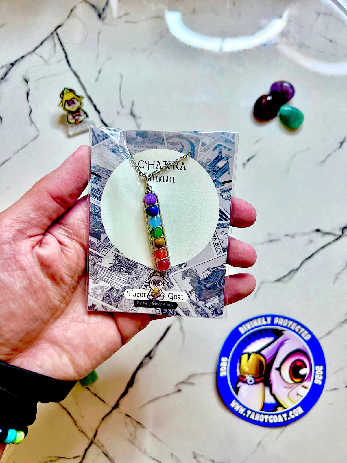 chakra necklace back with stone meanings card, amethyst lapis lazuli turquoise carnelian tiger eye red jasper

