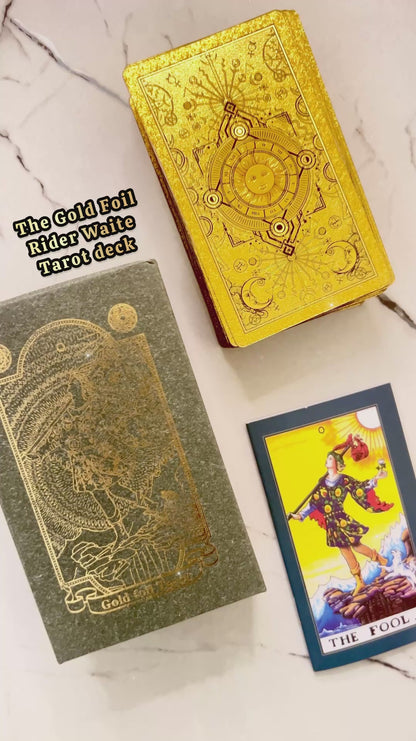 Gold Foil Rider Waite Tarot Deck with Booklet and Classic Original Designs from 1909 ~ Shiny Beautiful Cards for Beginners and Study