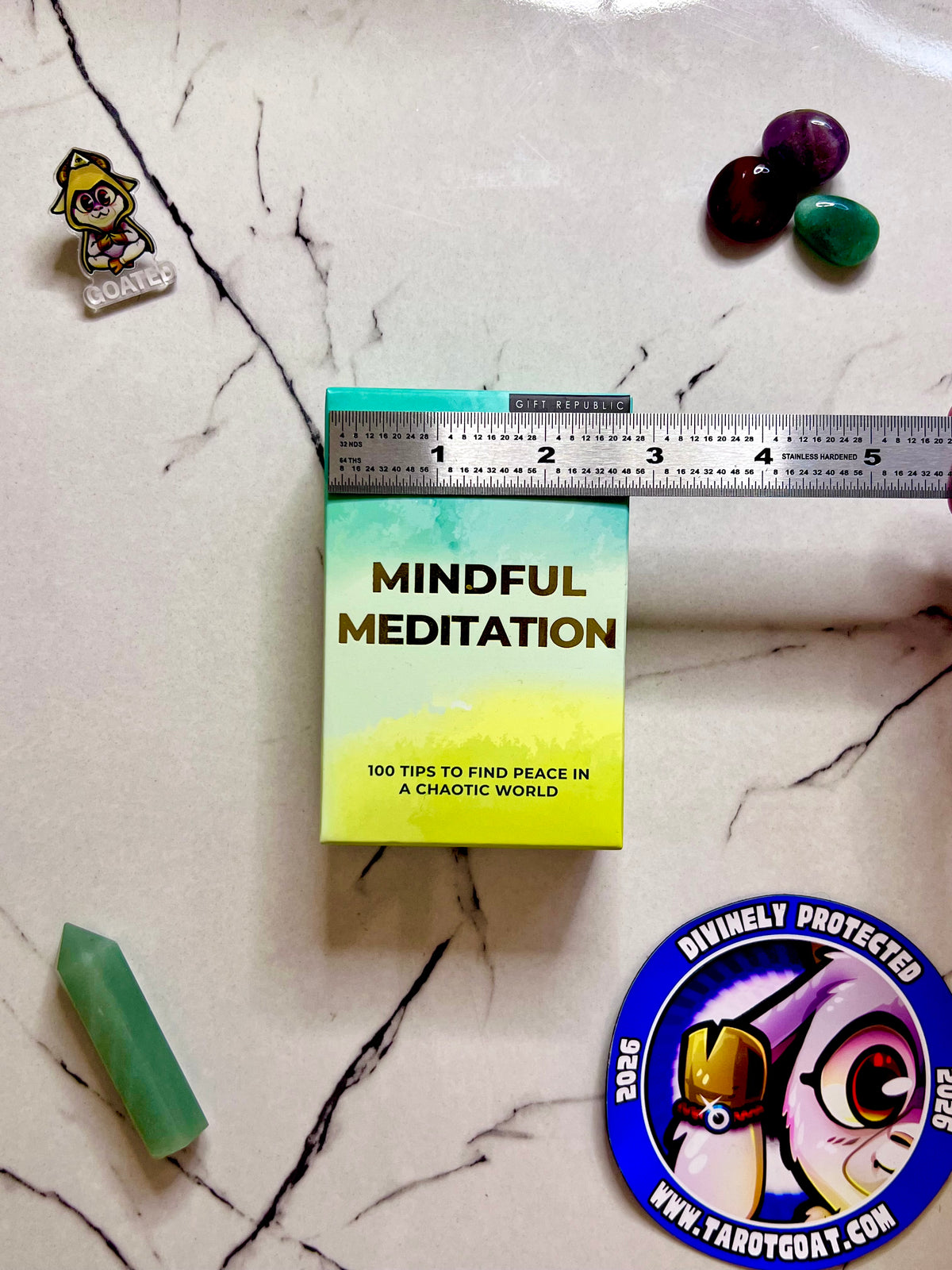 Meditatipns flash cards on a table being measured by a ruler to be sold on tiktok shop online 