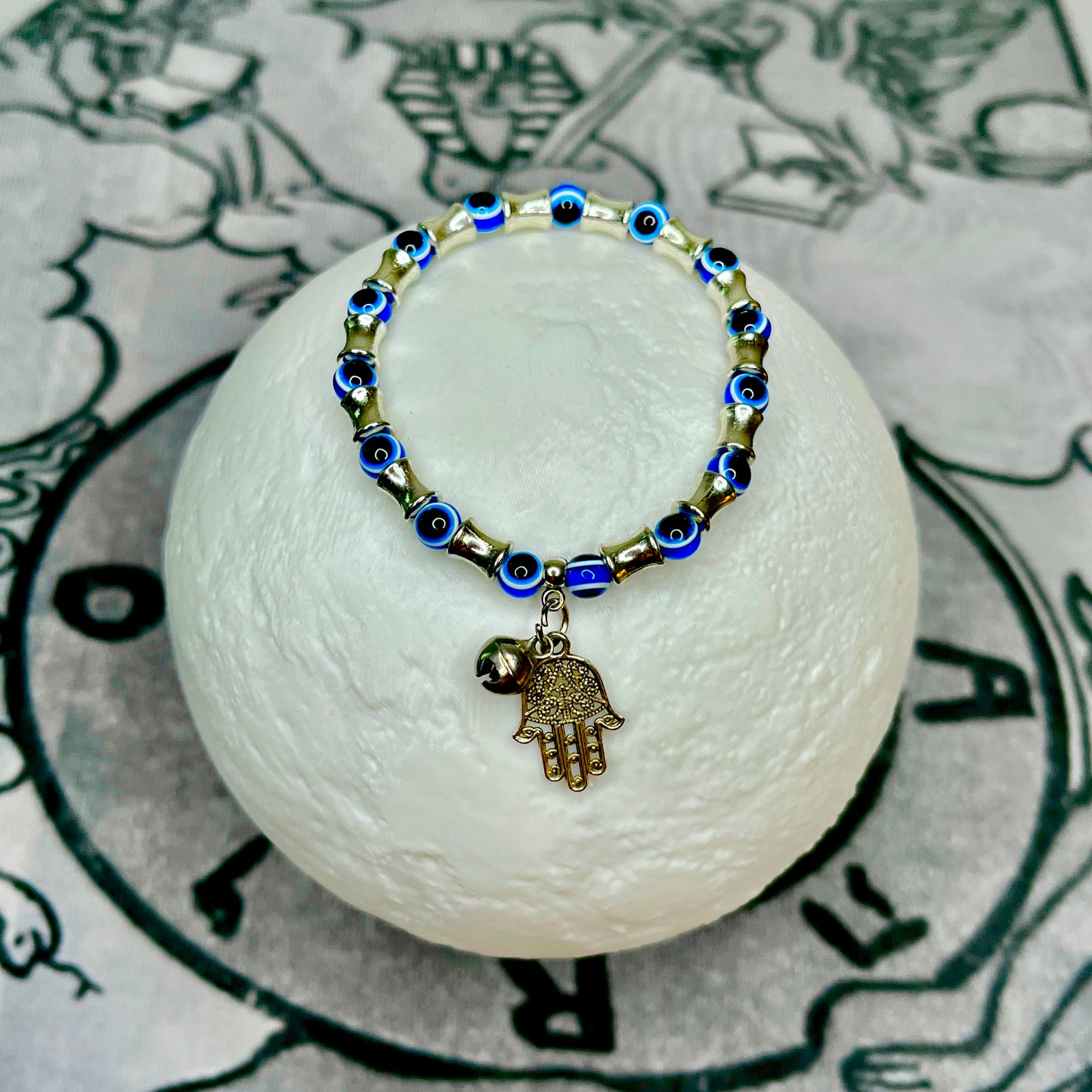 Evil Eye Bracelet with Chiming Bell and Hamsa Hand