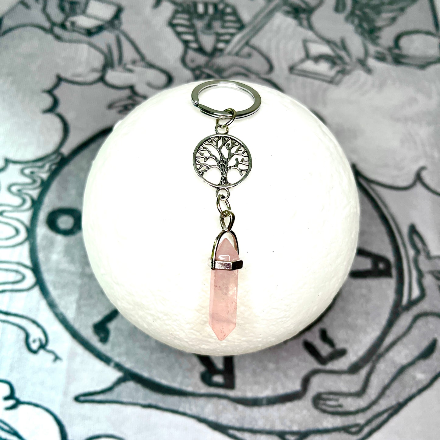 Tree of Life Rose Quartz Crystal Keychain