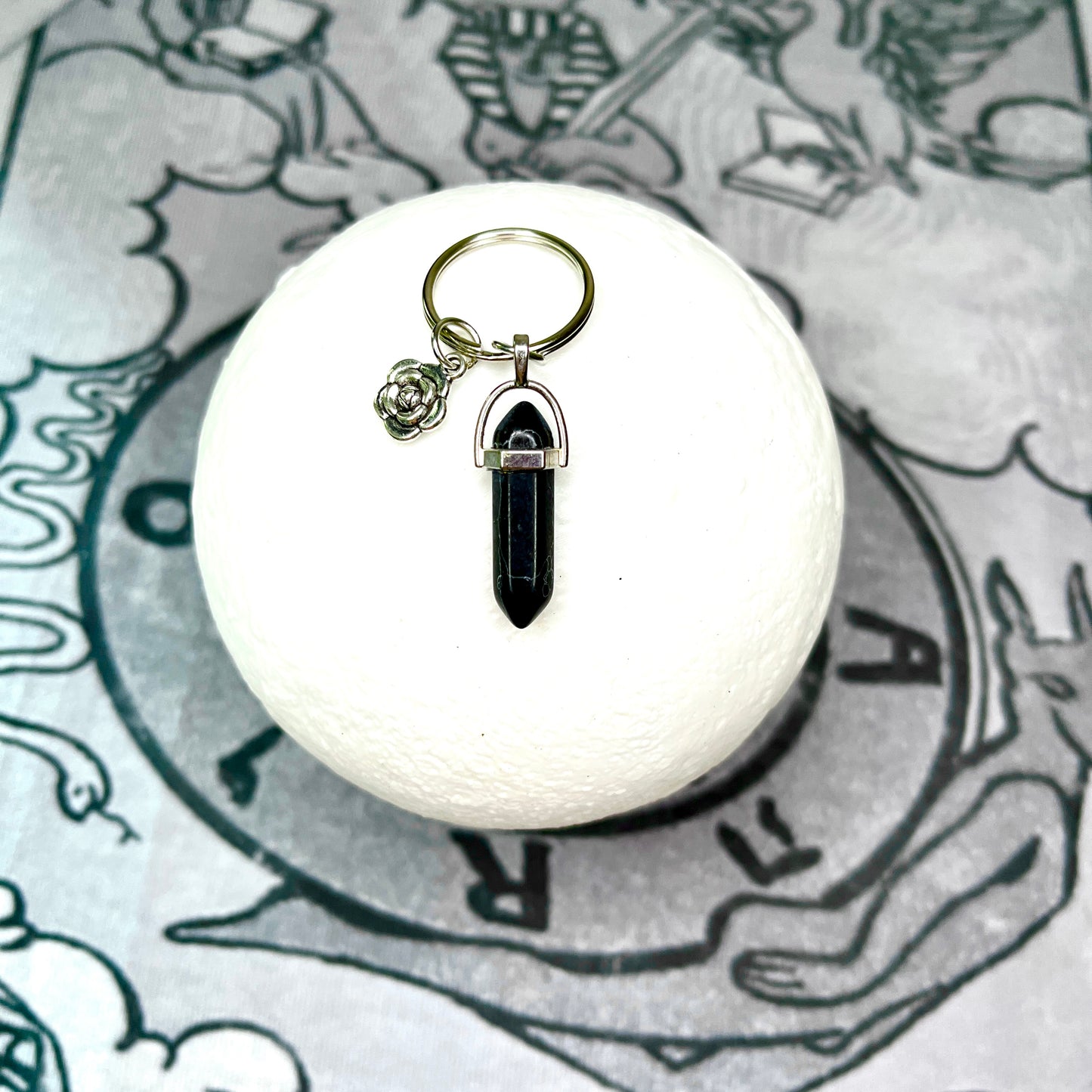 ~ CLEARANCE ~ Onyx Flower Charm Crystal Keychain