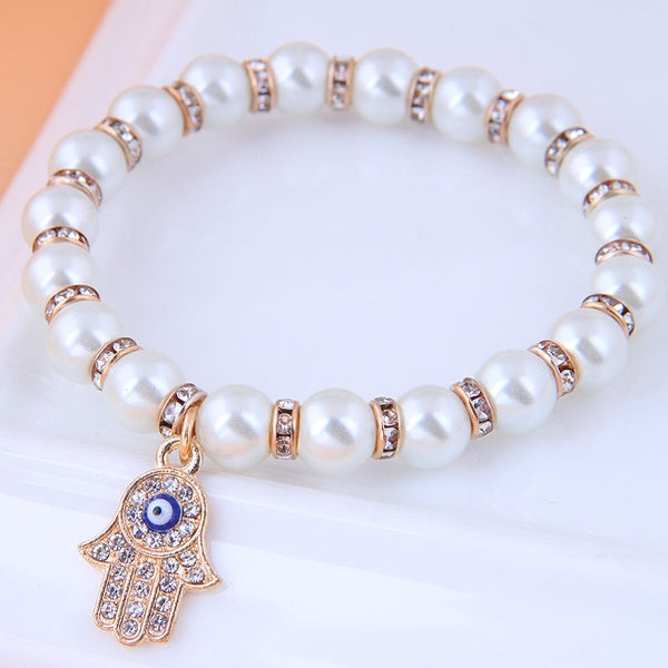 White Hamsa Hand Evil Eye Bracelet